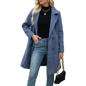 Women Blue Winter Wool Blend Camel Mid-Long Coat Notch Double-Breasted Jacket